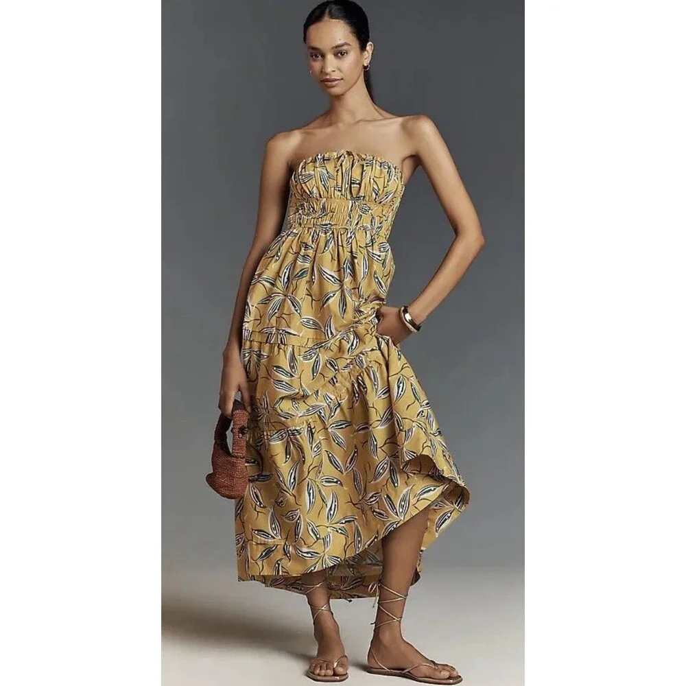 Anthropologie Maxi Dress Yellow Somerset Strapless Vacay Boho Preppy Size XS NWT - Picture 1 of 12